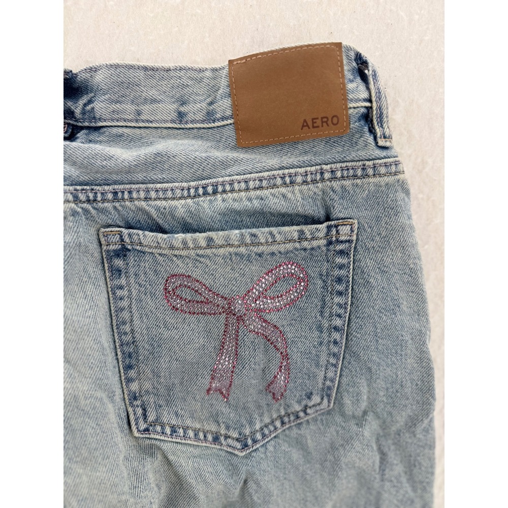Aeropostale - Baggy Wide Leg Low Rise Rhinestone Bow Jeans - Blue - 8 - Women